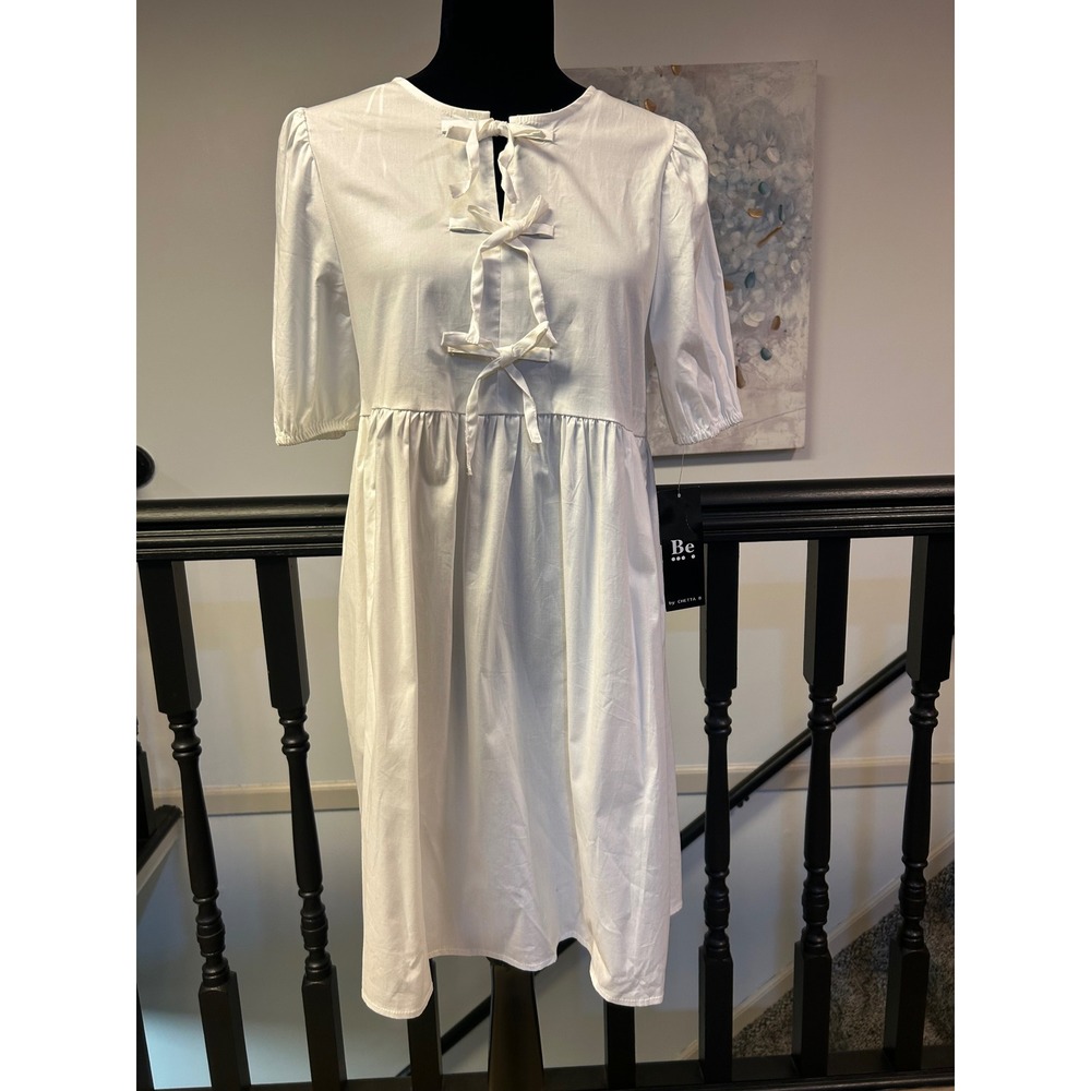 Be by Chetta B White Tie Front‎ Puff Sleeve Babydoll Dress XS NWT 1C749J-QK